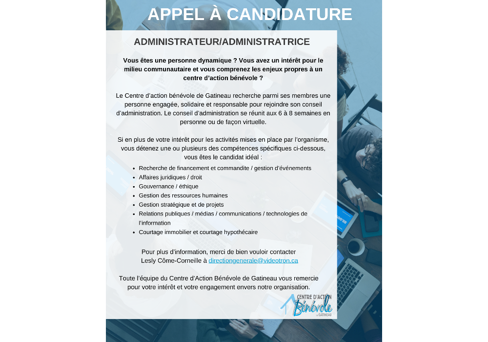 APPEL À CANDIDATURE - ADMINISTRATEUR/ADMINISTRATRICE 