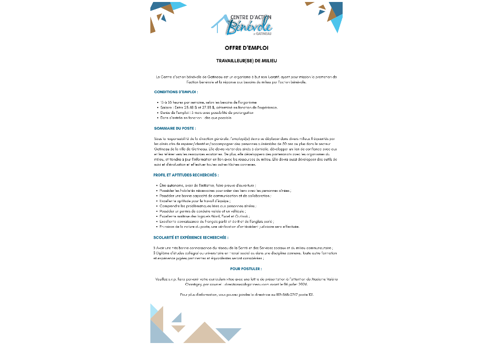 Offre d’emploi - TRAVAILLEUR(SE) DE MILIEU